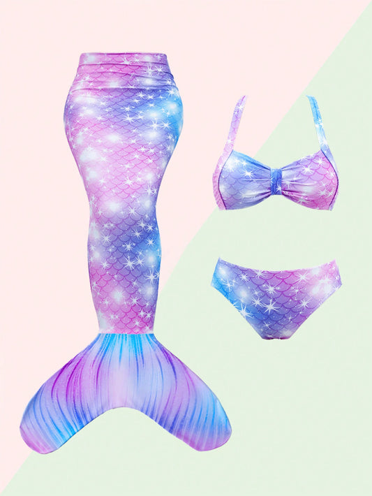 Young Girl Mermaid Scale Printed Bikini Set With Tail, 3pcs (Each Set Sold Separately), Mommy And Me Matching Outfits