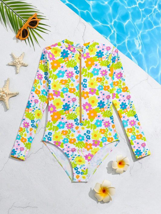 Tween Girl Colorful Flower Zipper One Piece Swimsuit For Beachwear