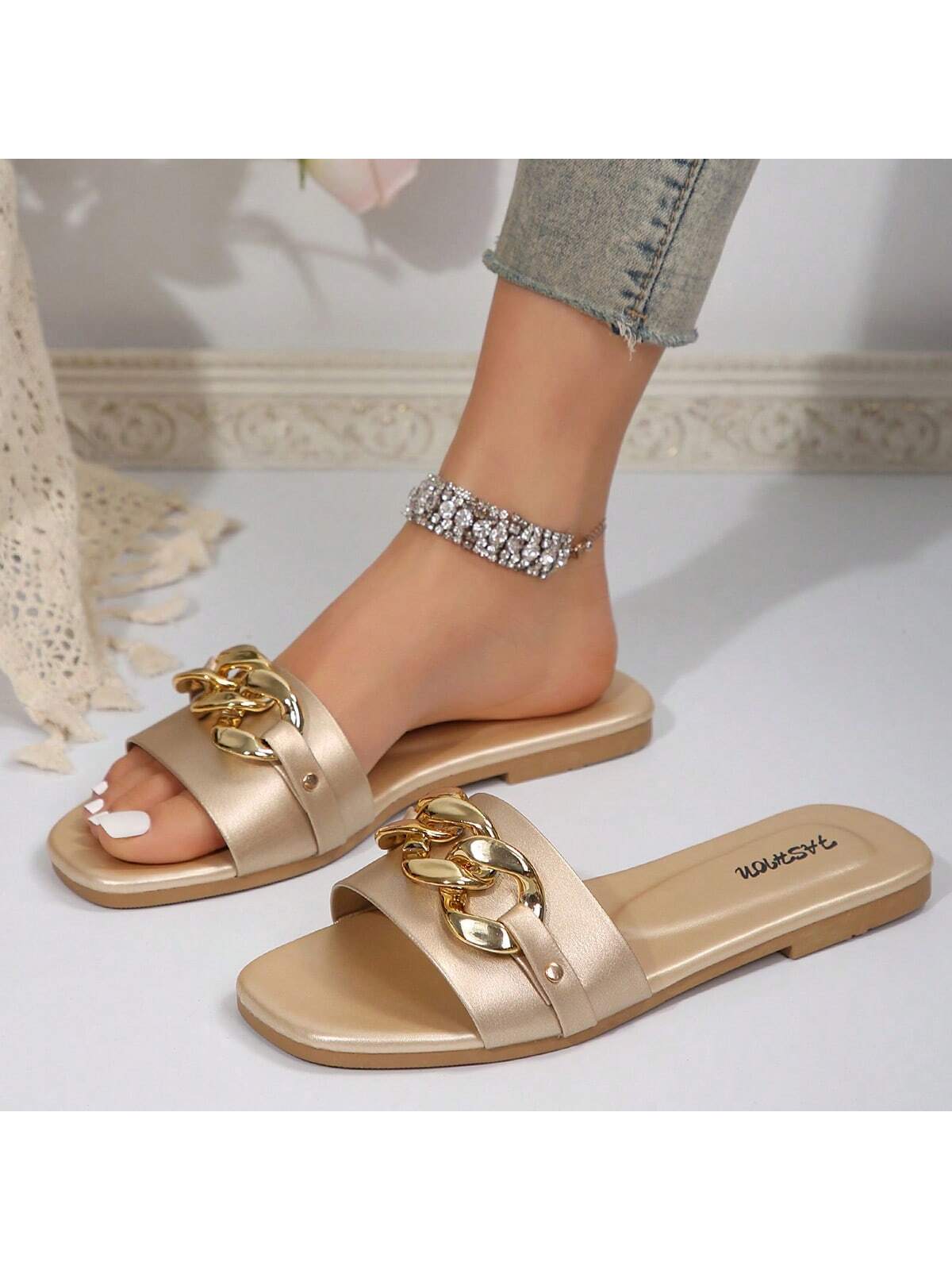 Women's Green One-Strap Slides, Comfortable & Fashionable Simple Flat Sandals For Indoor/Outdoor Wear