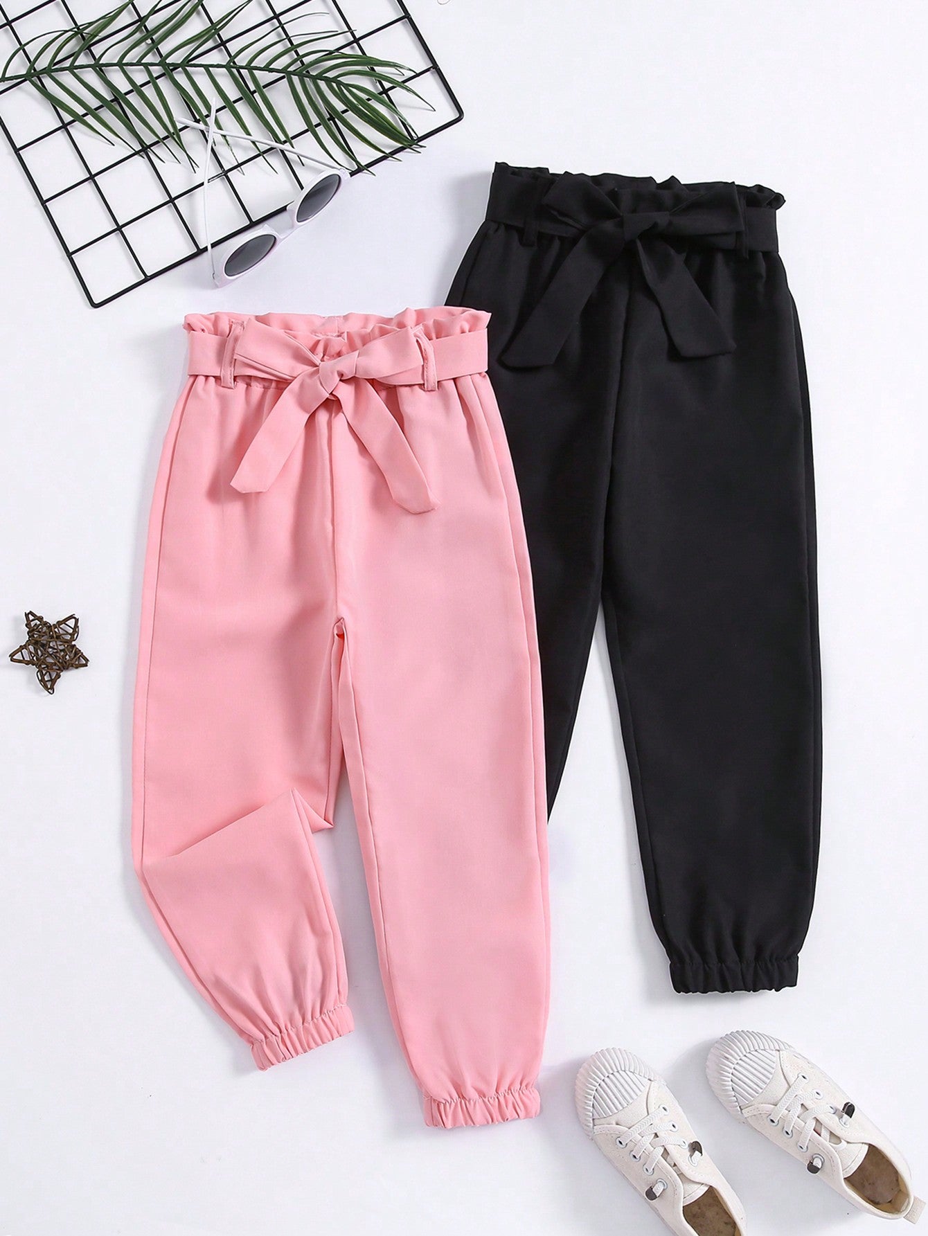 2pcs Young Girl Solid Color Woven Paper Bag Waist Pants, Spring/Summer