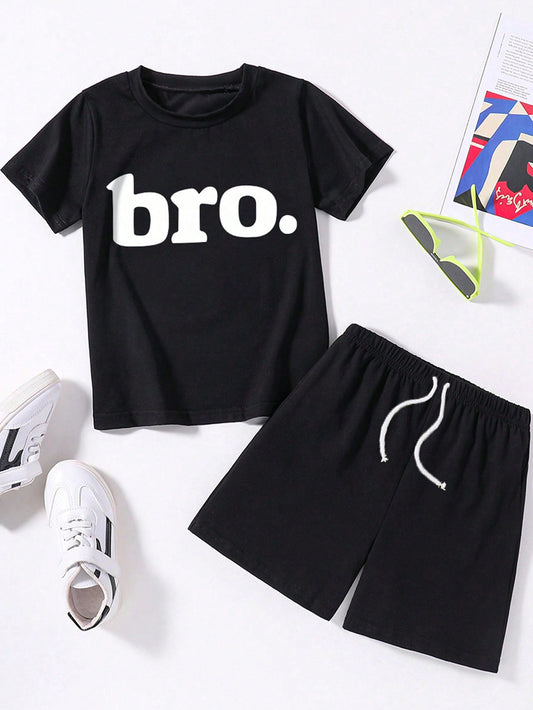 Tween Boy Letter Print Short Sleeve Top And Shorts Set