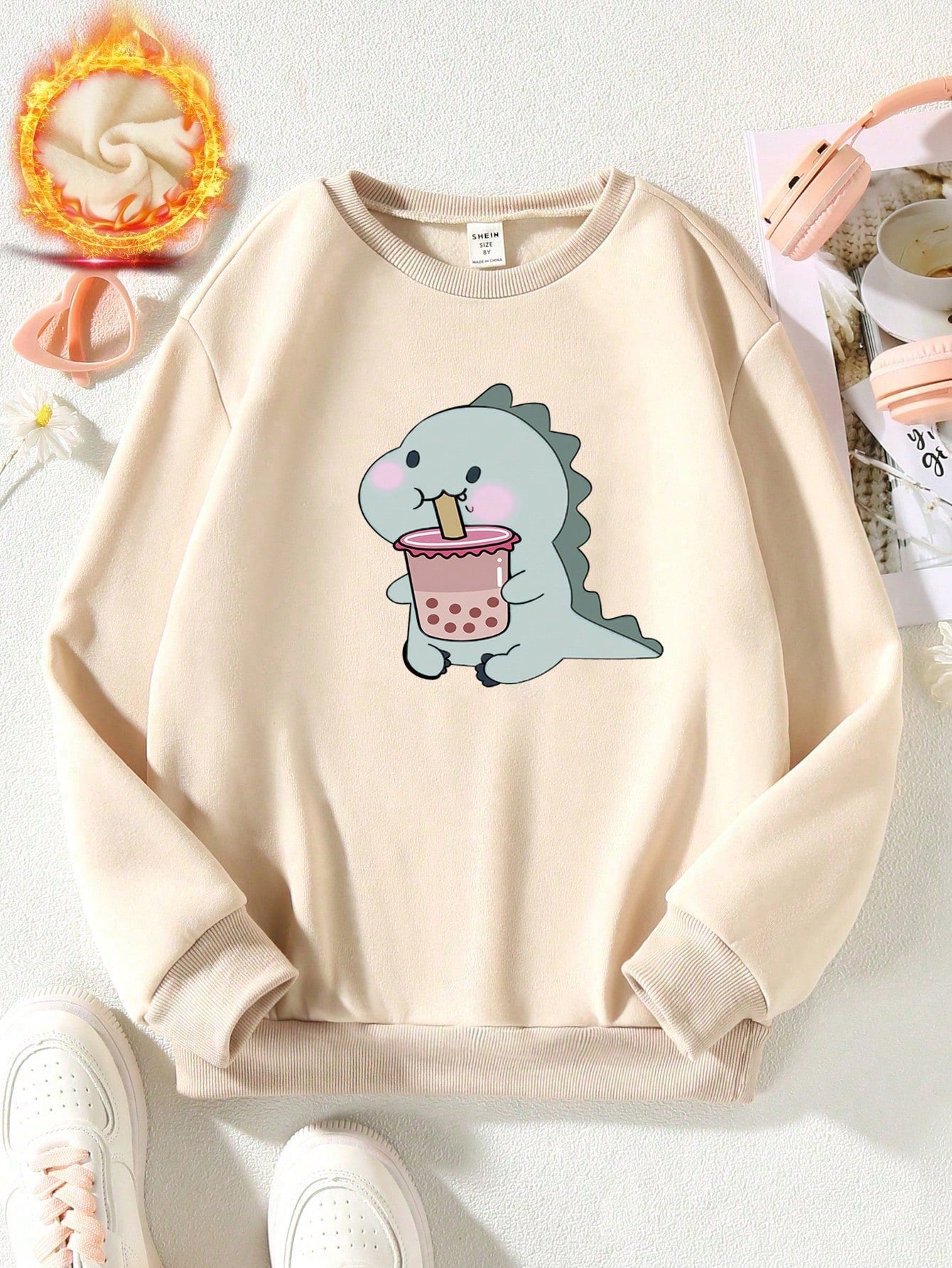 Tween Girl Cartoon Graphic Thermal Lined Sweatshirt