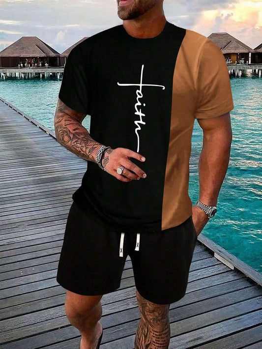 Men's Summer Color Block Patchwork Letter Print Fashionable Casual Short Sleeve T-Shirt And Shorts Set