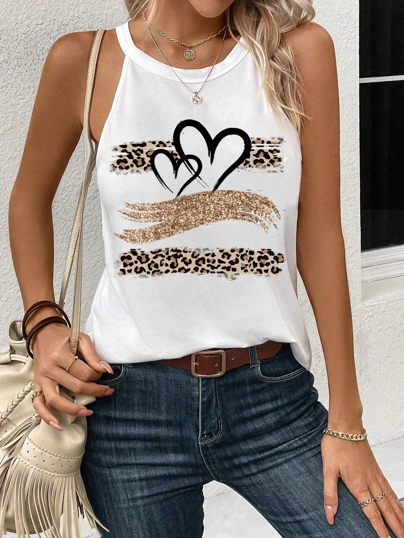 Casual Heart Print Halter Neck Tank Top, Suitable For Summer