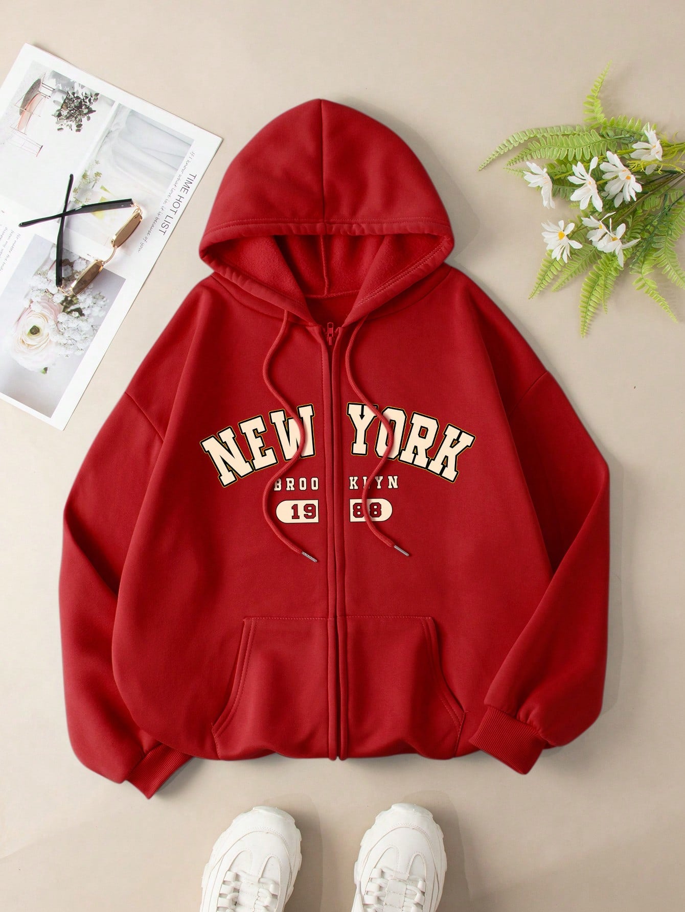 Plus Size Hooded Sweatshirt With Text Print And Zipper Design