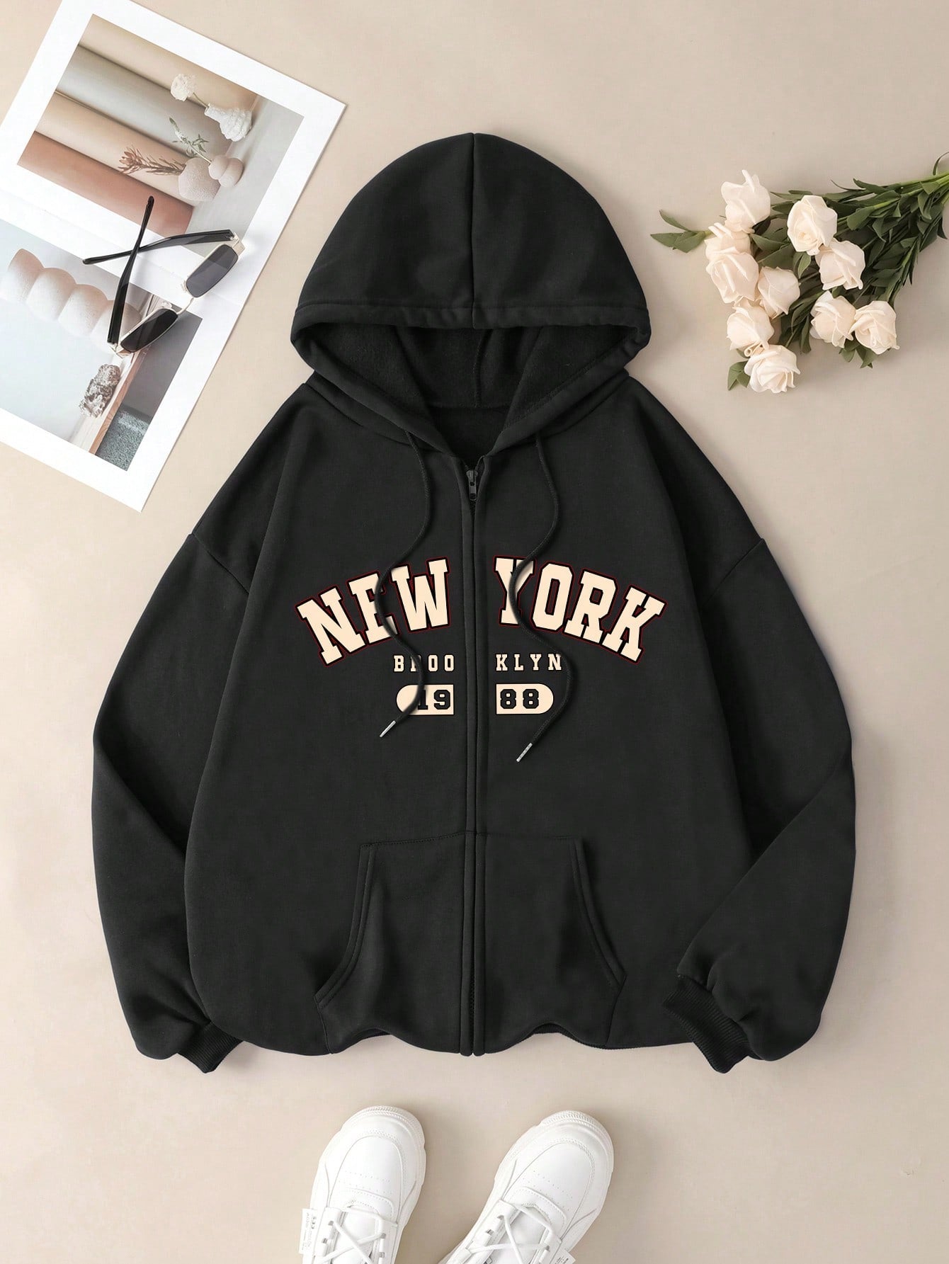 Plus Size Hooded Sweatshirt With Letter Print And Drawstring