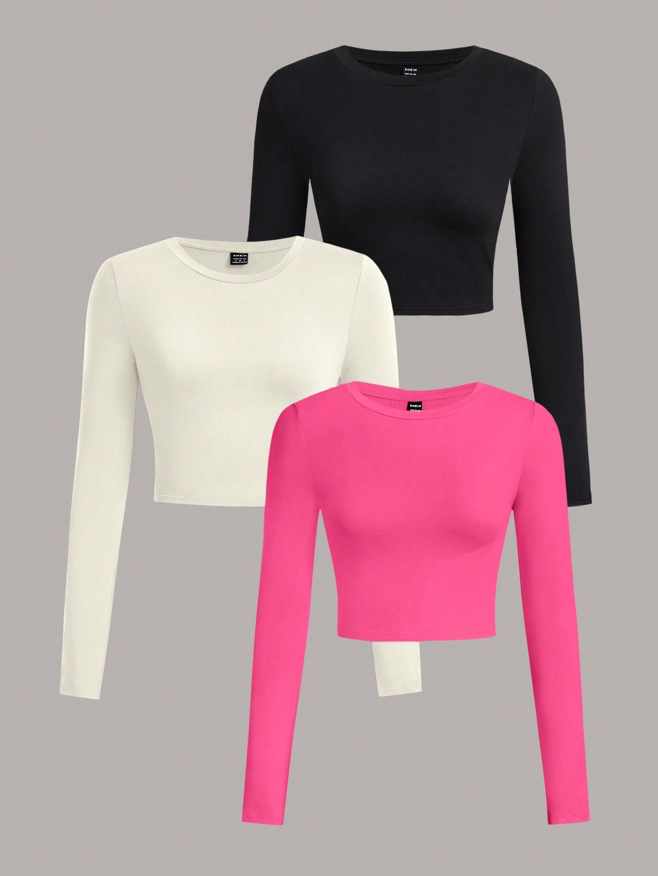 3pcs/Set Casual Solid Color Crew Neck Long Sleeve Slim Fit T-Shirt Women, Suitable For Spring And Autumn