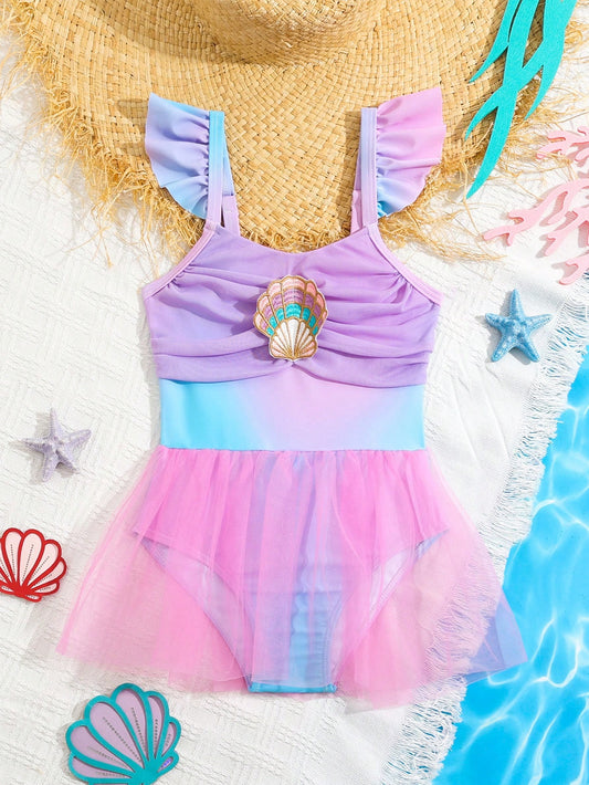 Young Girl's Ombre Shell Decoration Mesh Splice One-Piece Swimsuit, Bathing Suit Beach Outfit Summer Vacation