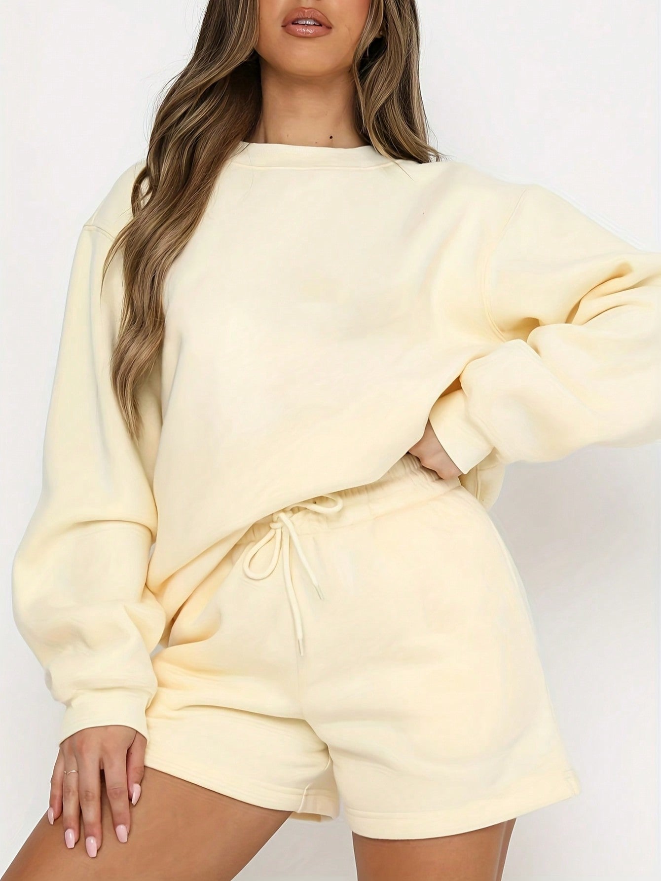 Women's Casual Solid Color Drop Shoulder Long Sleeve Sweatshirt And Shorts Set