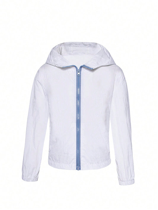 Tween Boy Outdoor Lightweight White And Blue Colorblock Sun Protection Hooded Sport Jacket