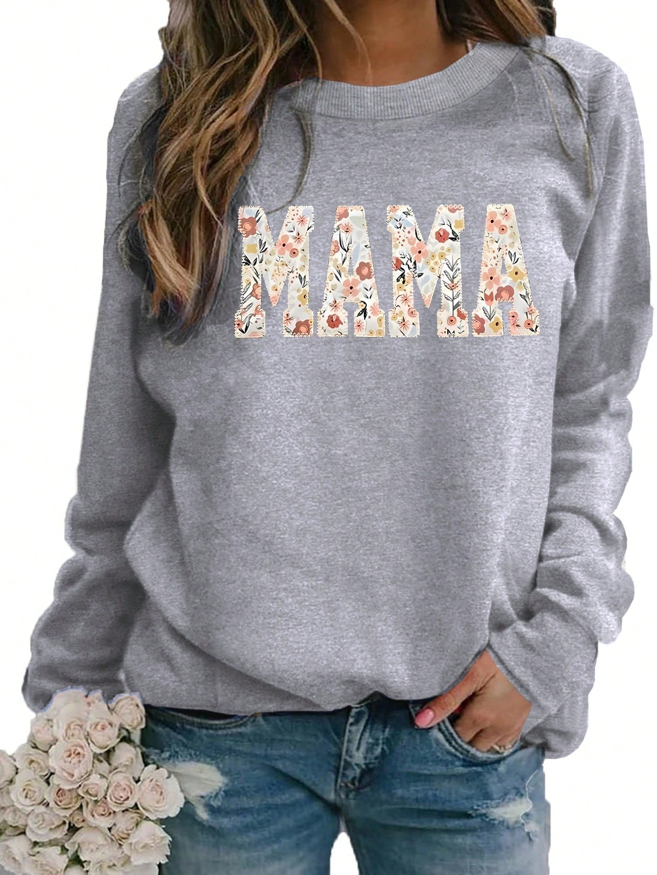 Women Simple Floral Letter Print Round Neck Long Sleeve Sweatshirt