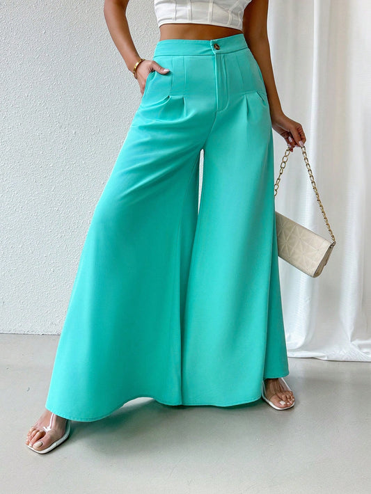 Ladies' Solid Color Pleated Wide Leg Dress Pants