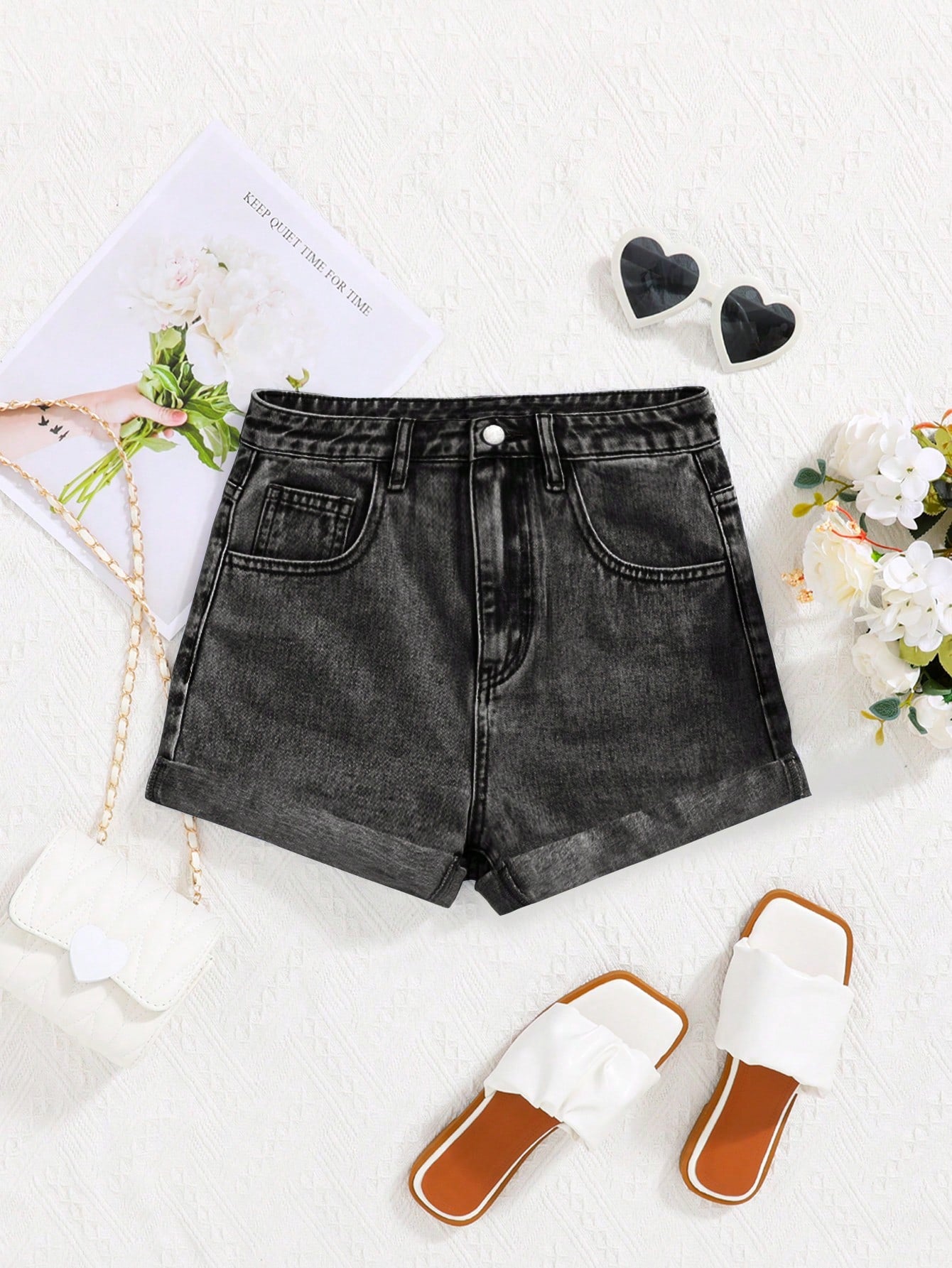 Teen Girls Roll Up Hem Denim Shorts