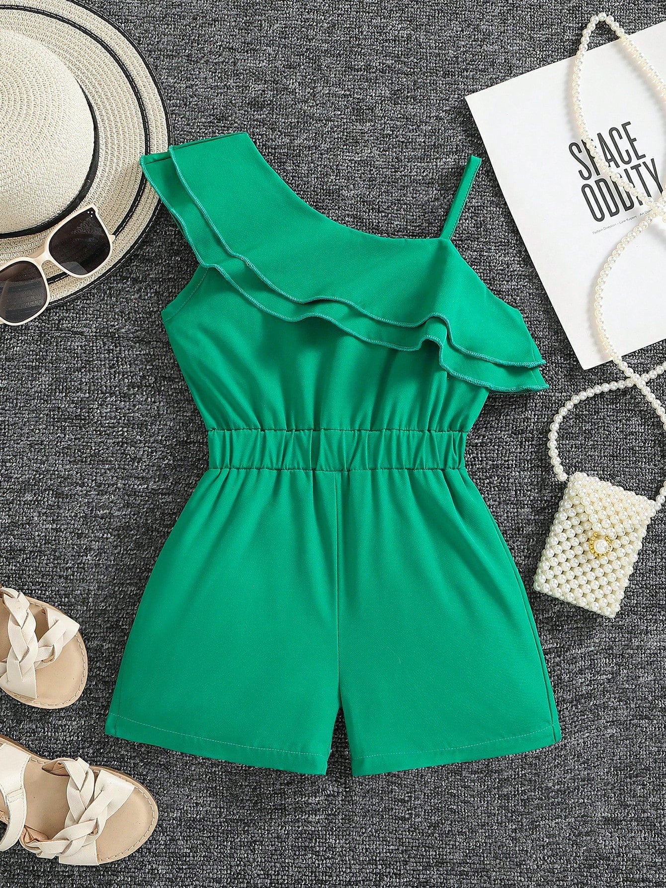 Young Girl Ruffle Trim Asymmetrical Neck Romper