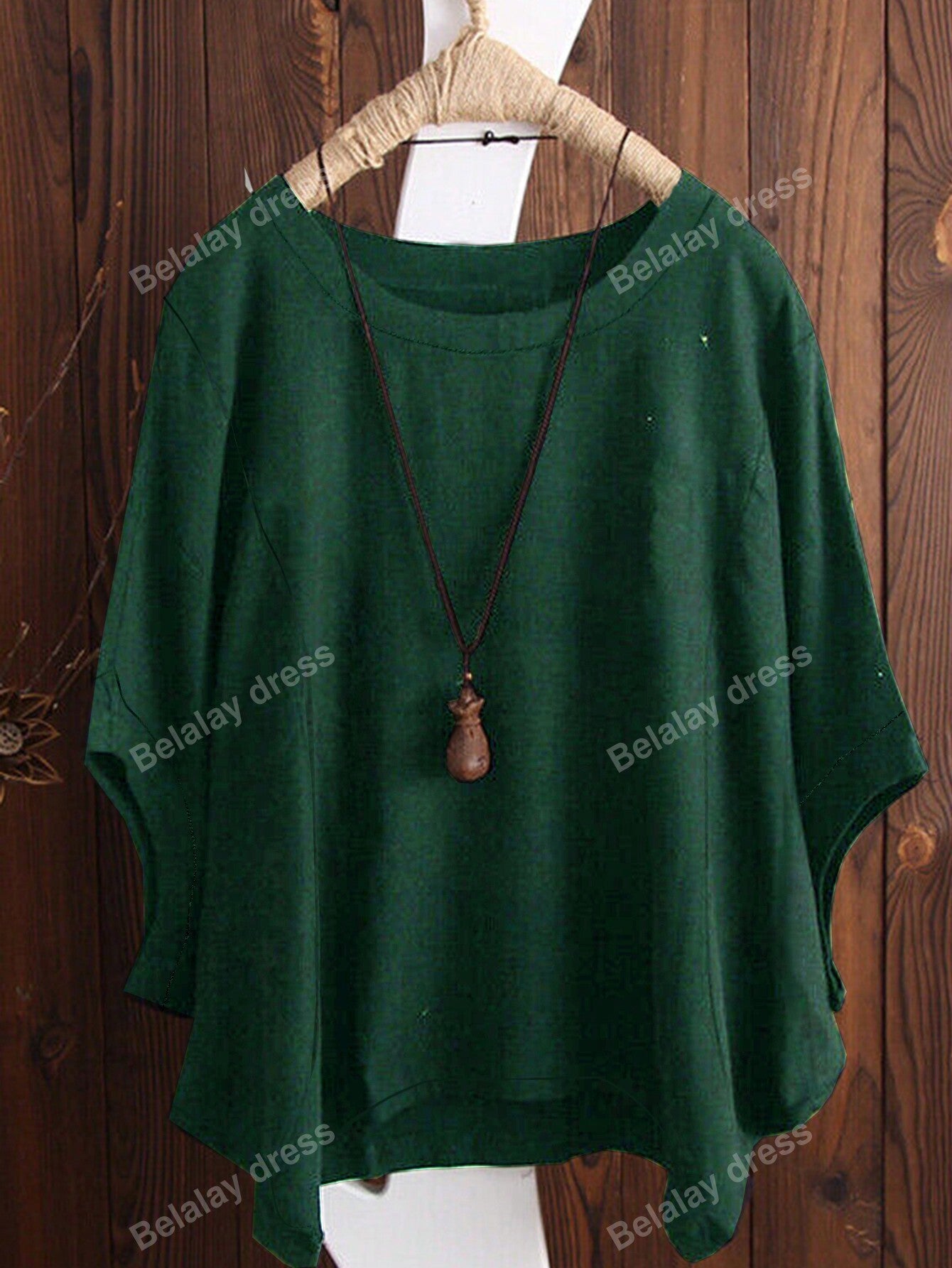Vintage Solid Color Round Neck Batwing Sleeve Linen Women's Shirt