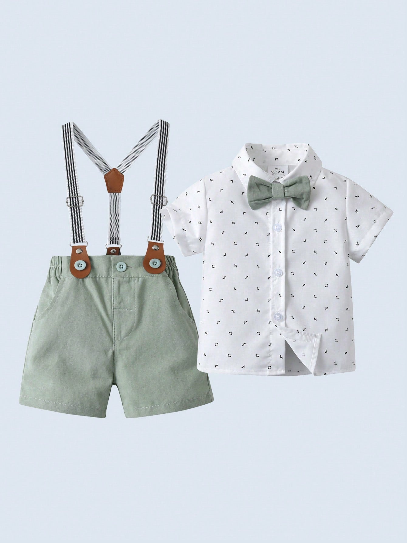 Young Boy 2pcs Gentlemen Style Suit - Short Sleeve Turn-Down Collar Shirt With Bow Tie And Suspender Shorts - Fashionable For Birthday Parties, Wedding, Banquets, Performances In Summer