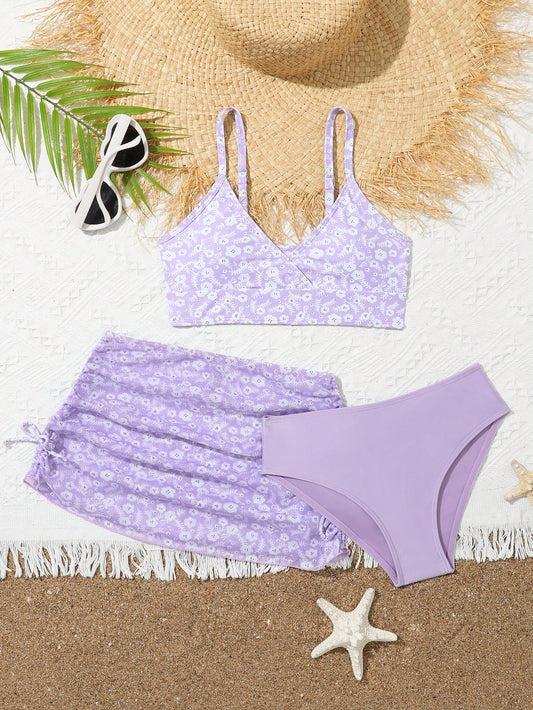 Tween Girl Cute 3pcs Purple Ditsy Floral Bikini Set(Random Print) With Cover Up Skirt, Bathing Suit Beach Outfit Summer Vacation Summer Beach