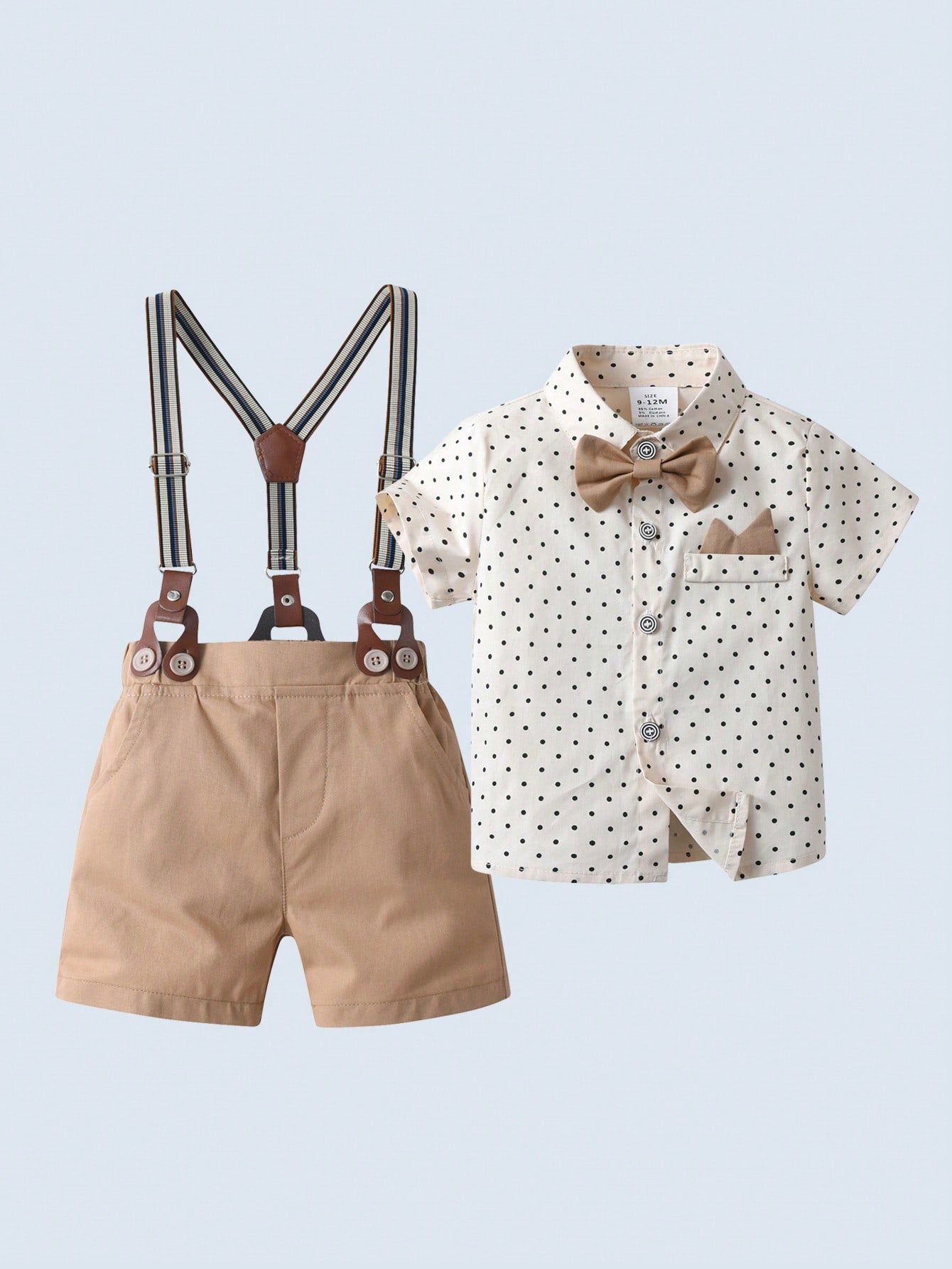 Young Boys' Gentleman Suit 2pcs Set, Short-Sleeved Collared Shirt With Bow Tie And Shorts/Overalls, Stylish And Handsome, Suitable For Birthday Parties, Weddings, Banquets, Performances