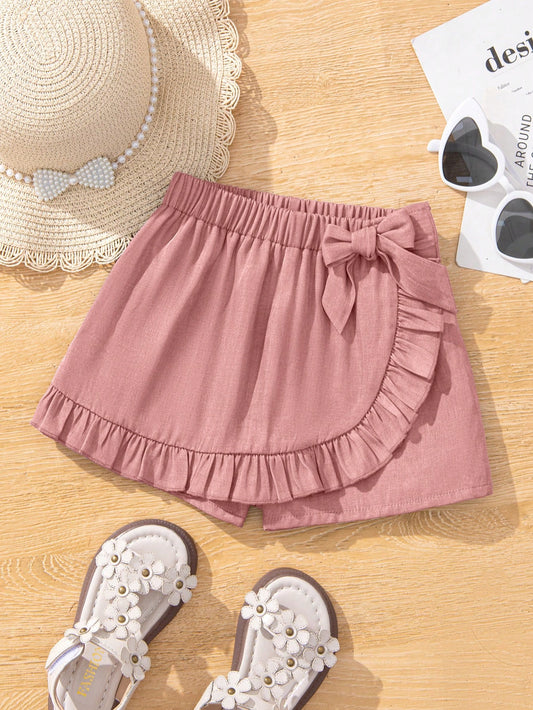 Young Girl's Daily Casual Solid Woven Loose Skorts With Bow Decoration