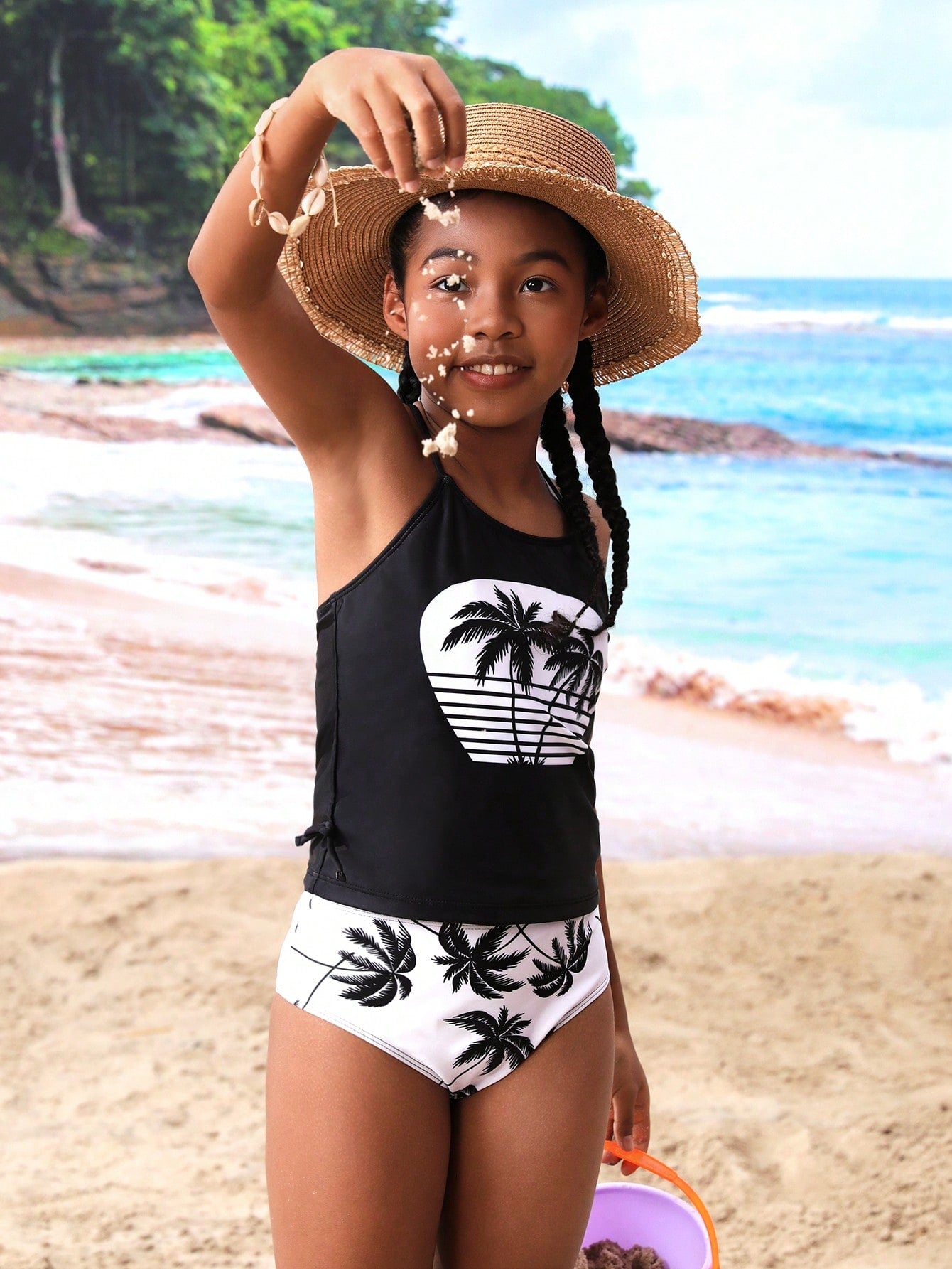 Tween Girl Cute Coconut Tree Print Cross Back Tankini Swimsuit