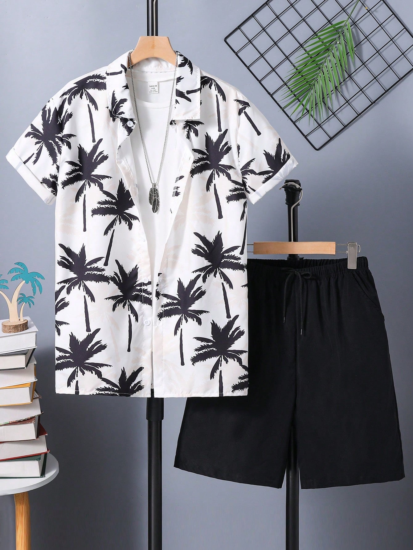 2pcs/Set Teen Boy Palm Trees Printed Short Sleeve Shirt And Shorts For Vacation