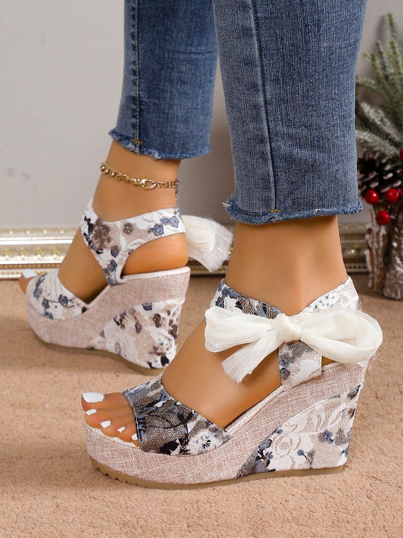 European Women Wedge Heel Platform Sandals With Ribbon Wrap 2024 New Spring And Summer Outdoor Casual Wearable One-Piece Strap Sandals Model Stage Sexy High Heels Mixed Color Flower Beach Comfortable Peep Toe Shoes