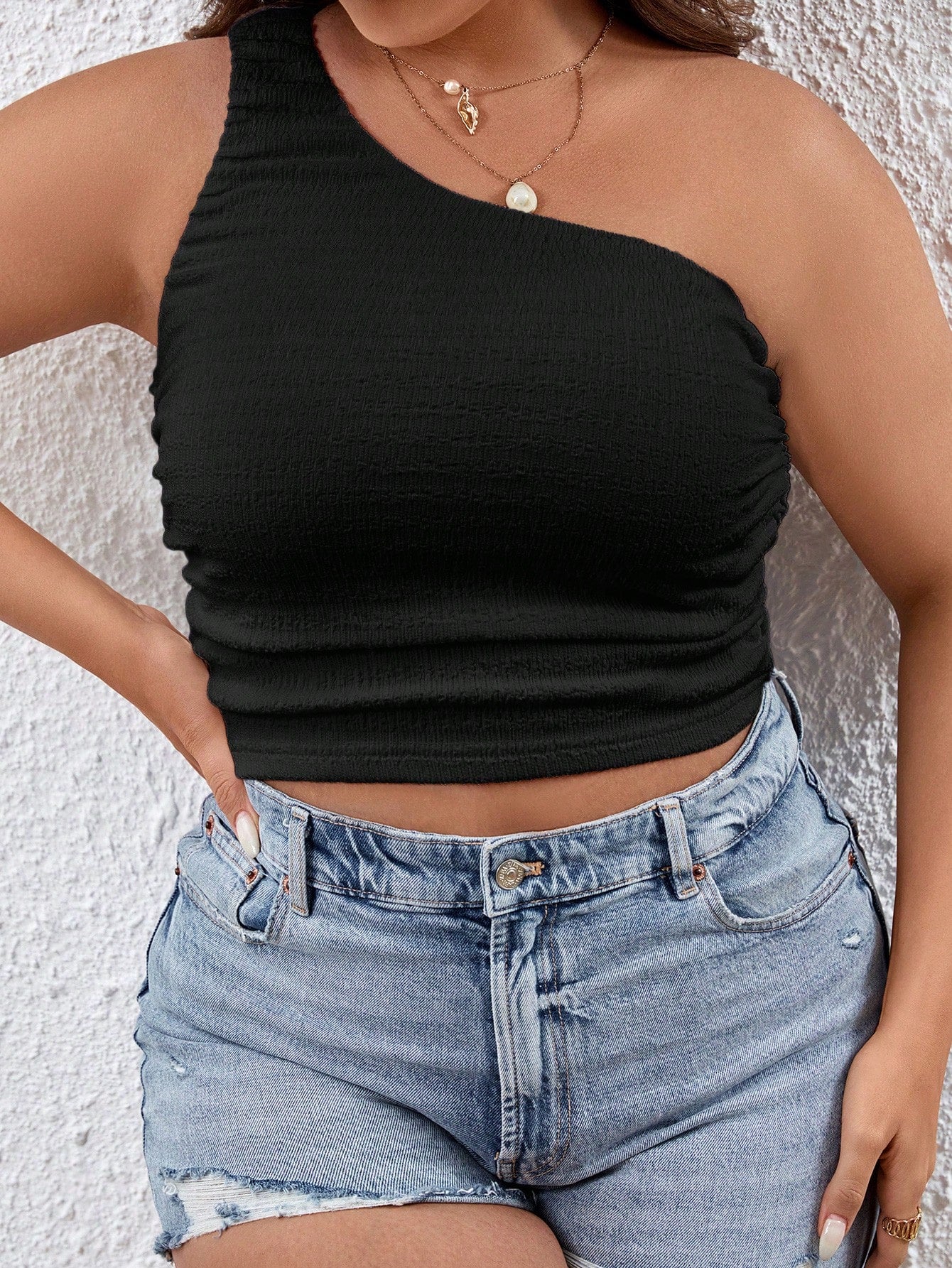 Plus Size Summer Casual Textured One Shoulder Top