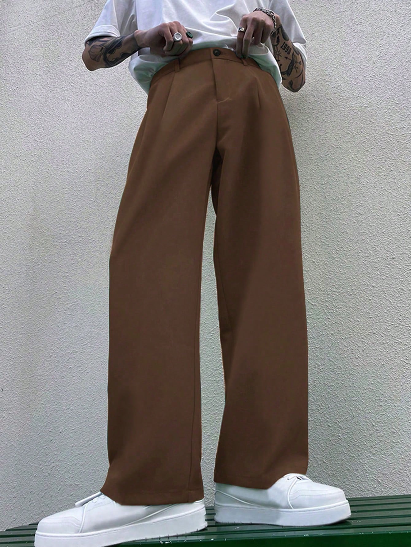 Men Slant Pocket Wide Leg Suit Pants