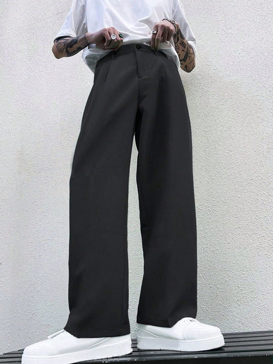 Men Slant Pocket Wide Leg Suit Pants