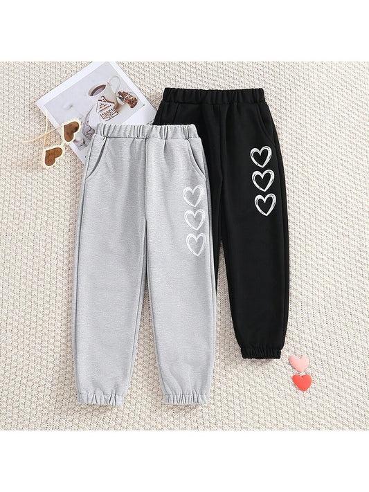 2pcs/Set Young Girls' Heart Printed Spring Fashion Jogger Pants, Elastic Waistband, For Sports And Casual Occasions