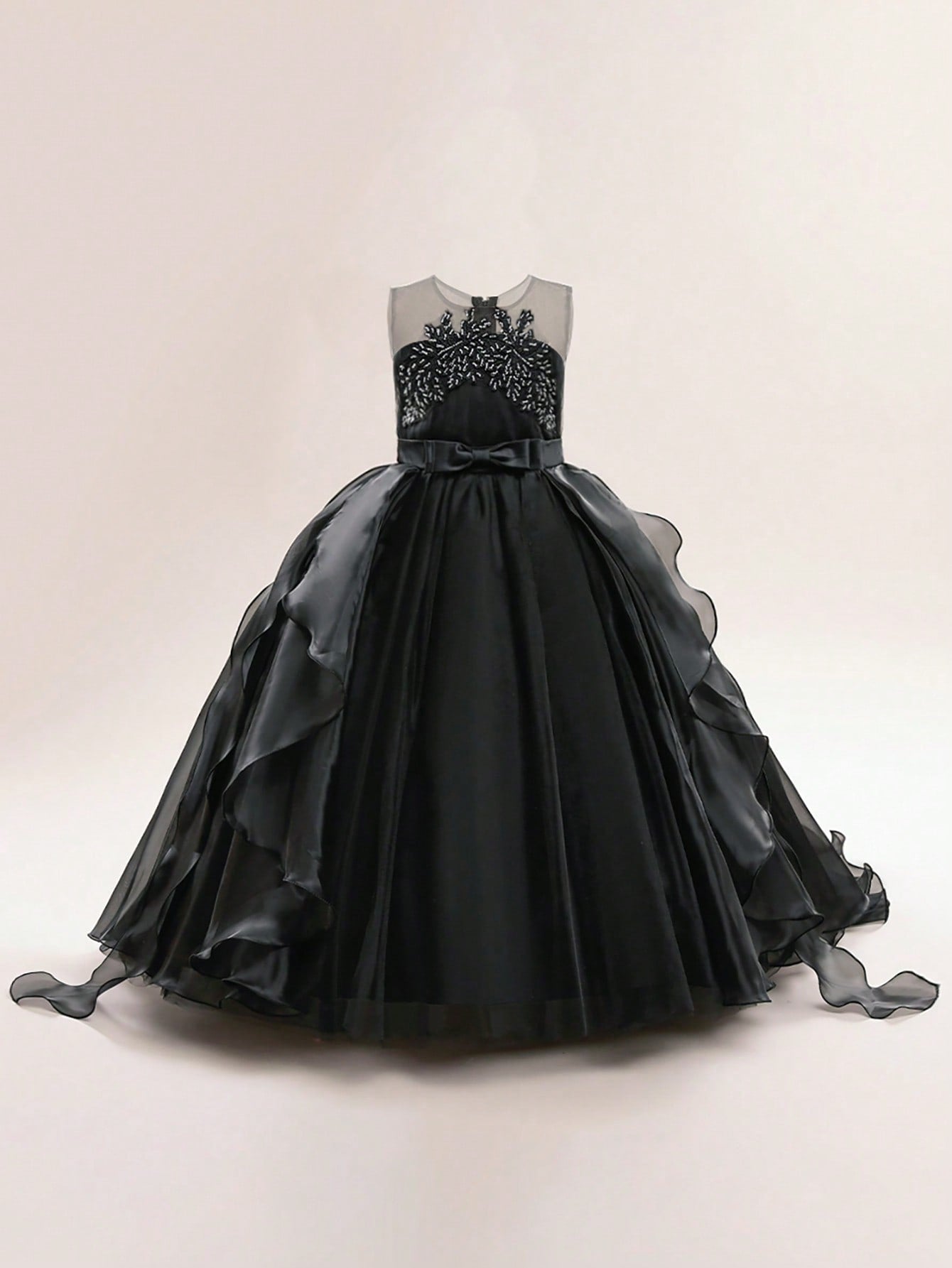 Tween Girl Contrast Mesh Sequin Bow Decor Dress, Ideal For Performances, Hosting And Parties With Gorgeous, Elegant Design