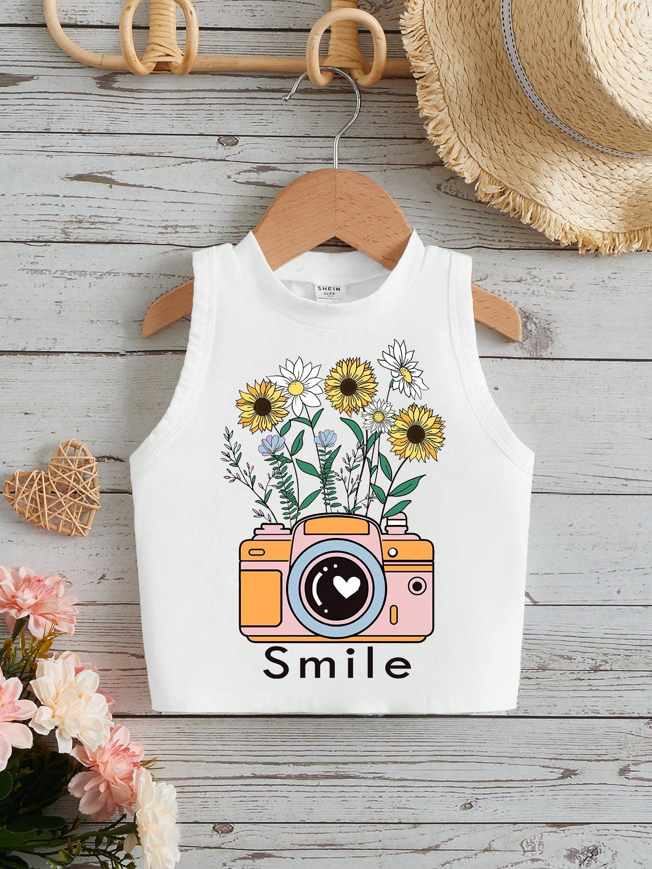 Young Girl Casual Minimalist Sleeveless Round Neck Tank Top With Letter & Floral Print, Perfect For Summer