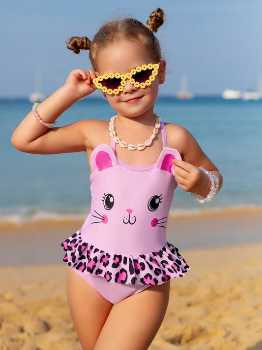 Young Girl Cartoon Printed Leopard Pattern Ruffle Trimmed One-Piece Swimsuit