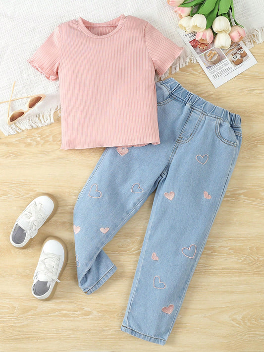 Young Girl Plain Top And Heart Embroidery Jeans Set