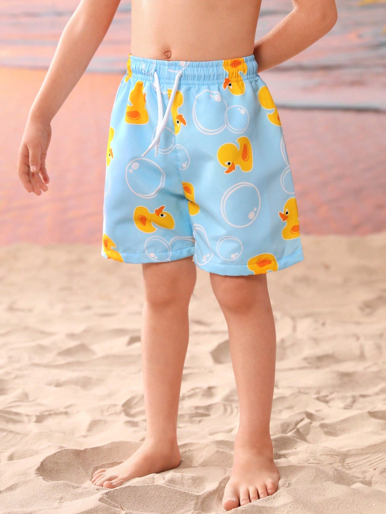 Young Boy Cartoon Duck Pattern Square Swim Trunks