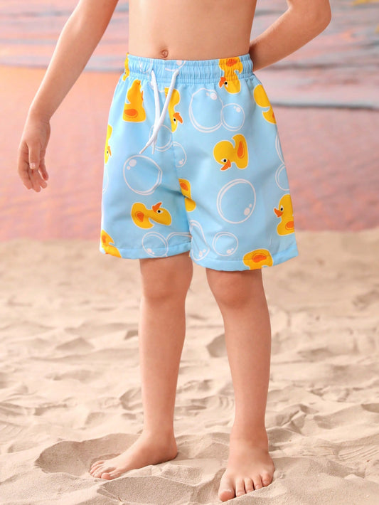 Young Boy Cartoon Duck Pattern Square Swim Trunks