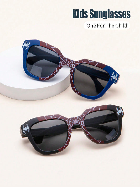 1pc Kids' Black Square Frame Spider Cartoon Pattern Uv400 Anti-Uv Classic Vintage Casual Sunglasses, Suitable For Daily, Vacation And Party Use