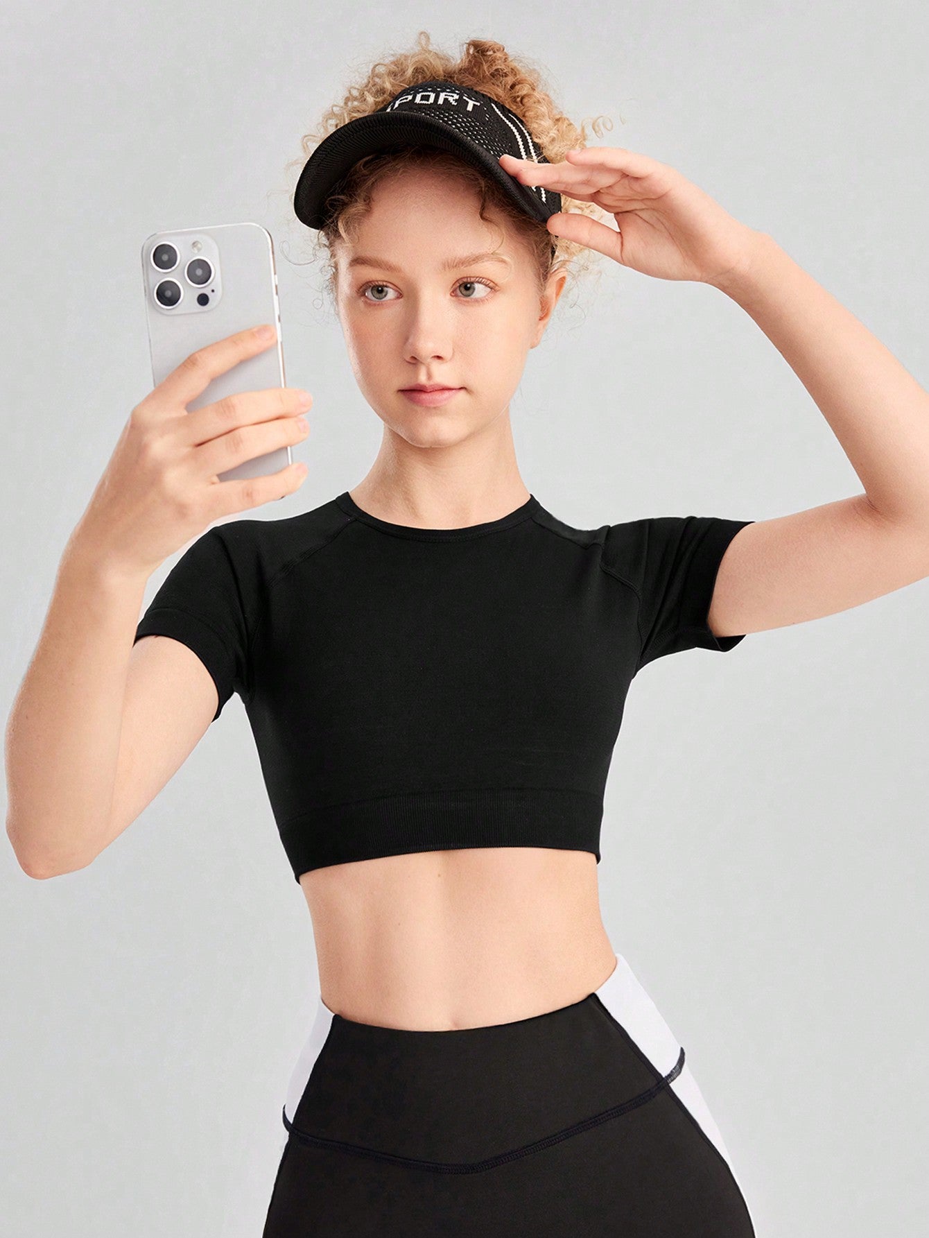 Teen Girl Sports & Fitness Black Short Sleeve Top For Outdoor Activities