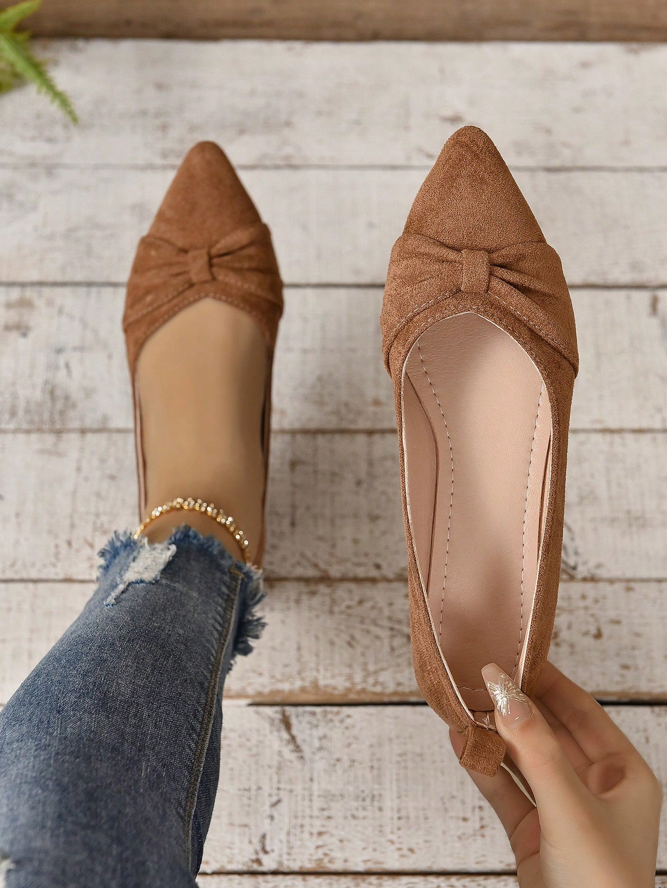 Ladies' Brown Minimalist Flat Shoes With Pleated Surface Design, Elegant, Outdoor, Summer, Brown Faux Suede Slip-on Shoes