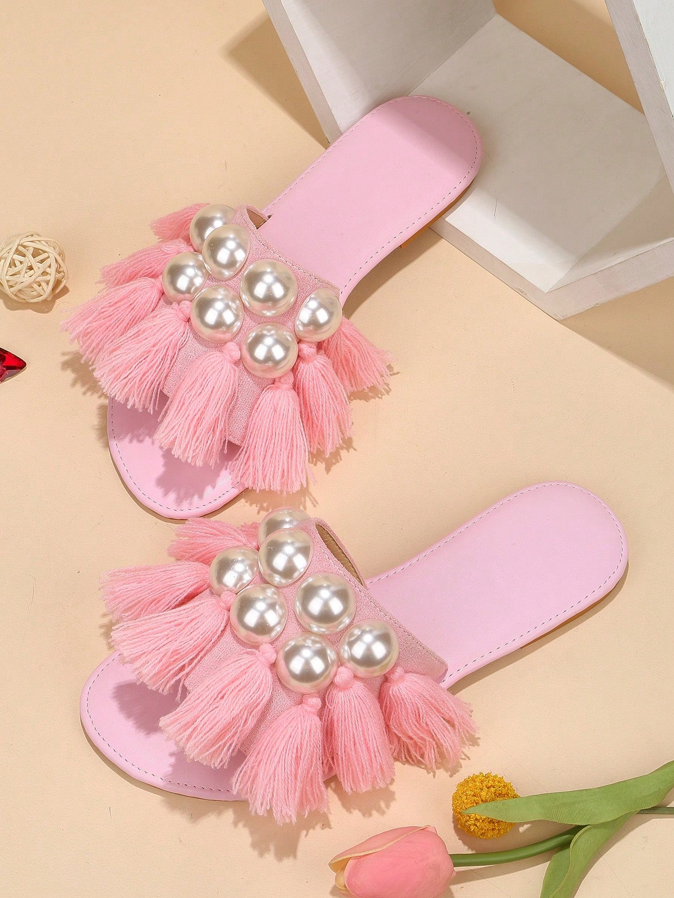 Fashionable Slide Sandals For Women, Faux Suede Faux Pearl & Tassel Decor Single Band Flat Sandals