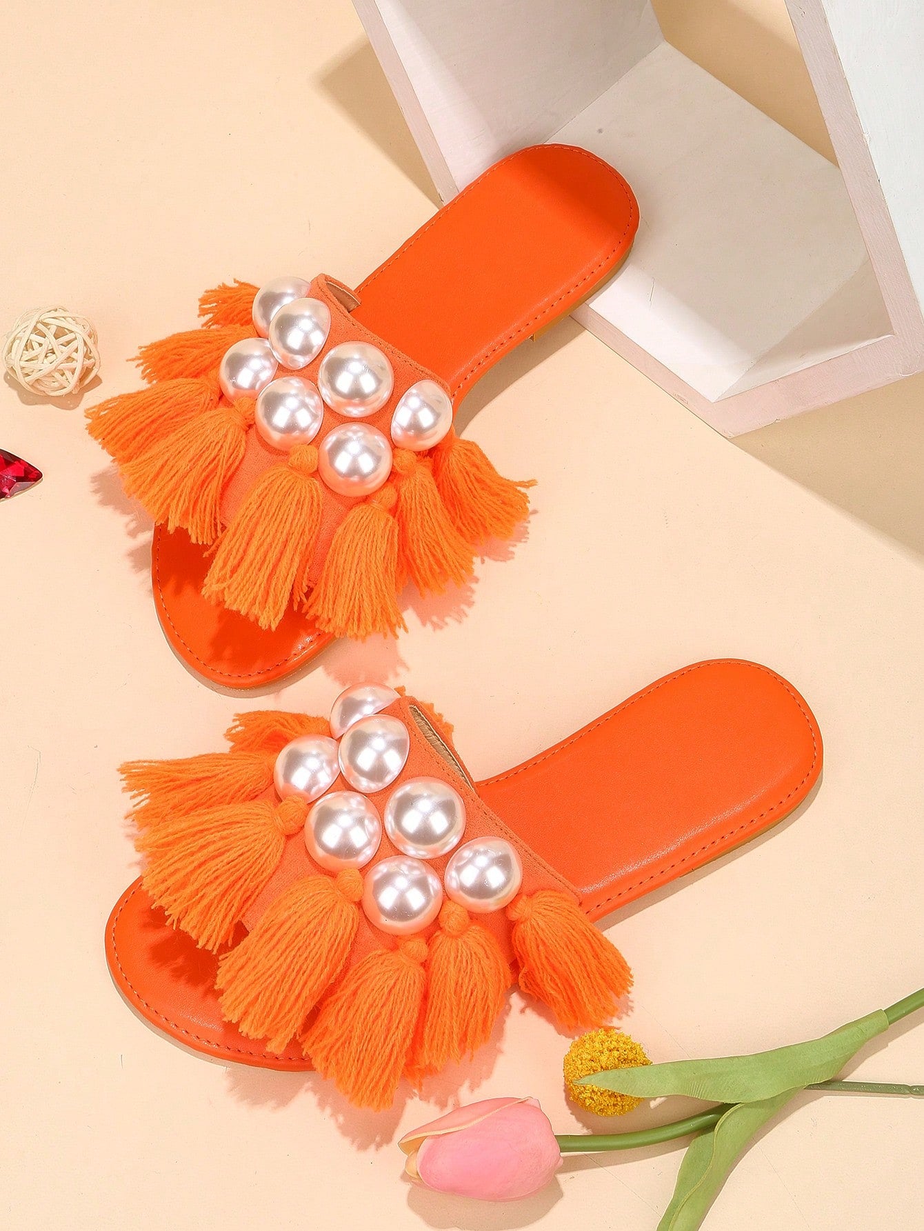 Fashionable Slide Sandals For Women, Faux Suede Faux Pearl & Tassel Decor Single Band Flat Sandals