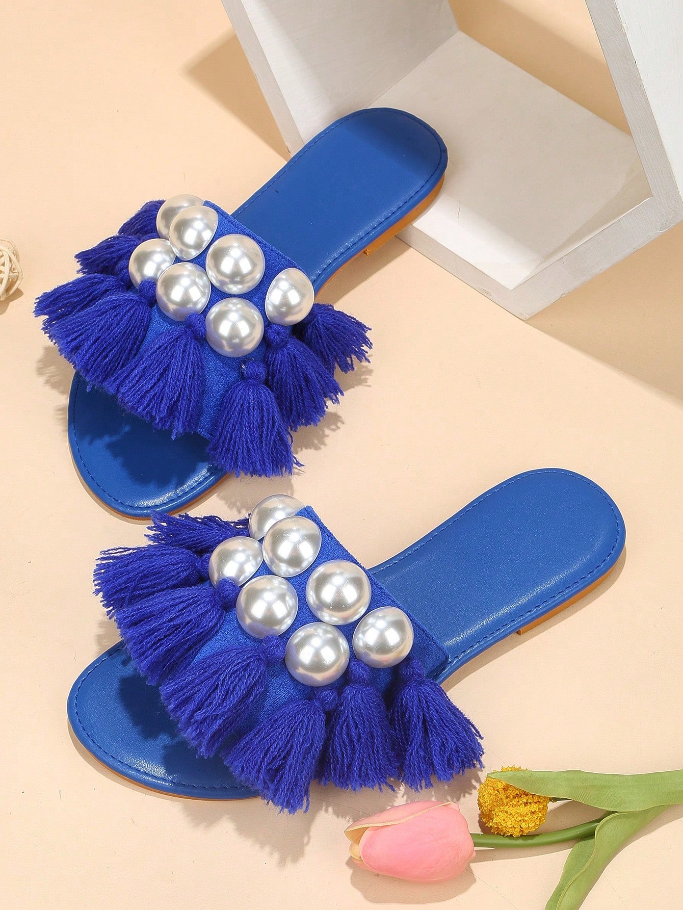 Fashionable Slide Sandals For Women, Faux Suede Faux Pearl & Tassel Decor Single Band Flat Sandals