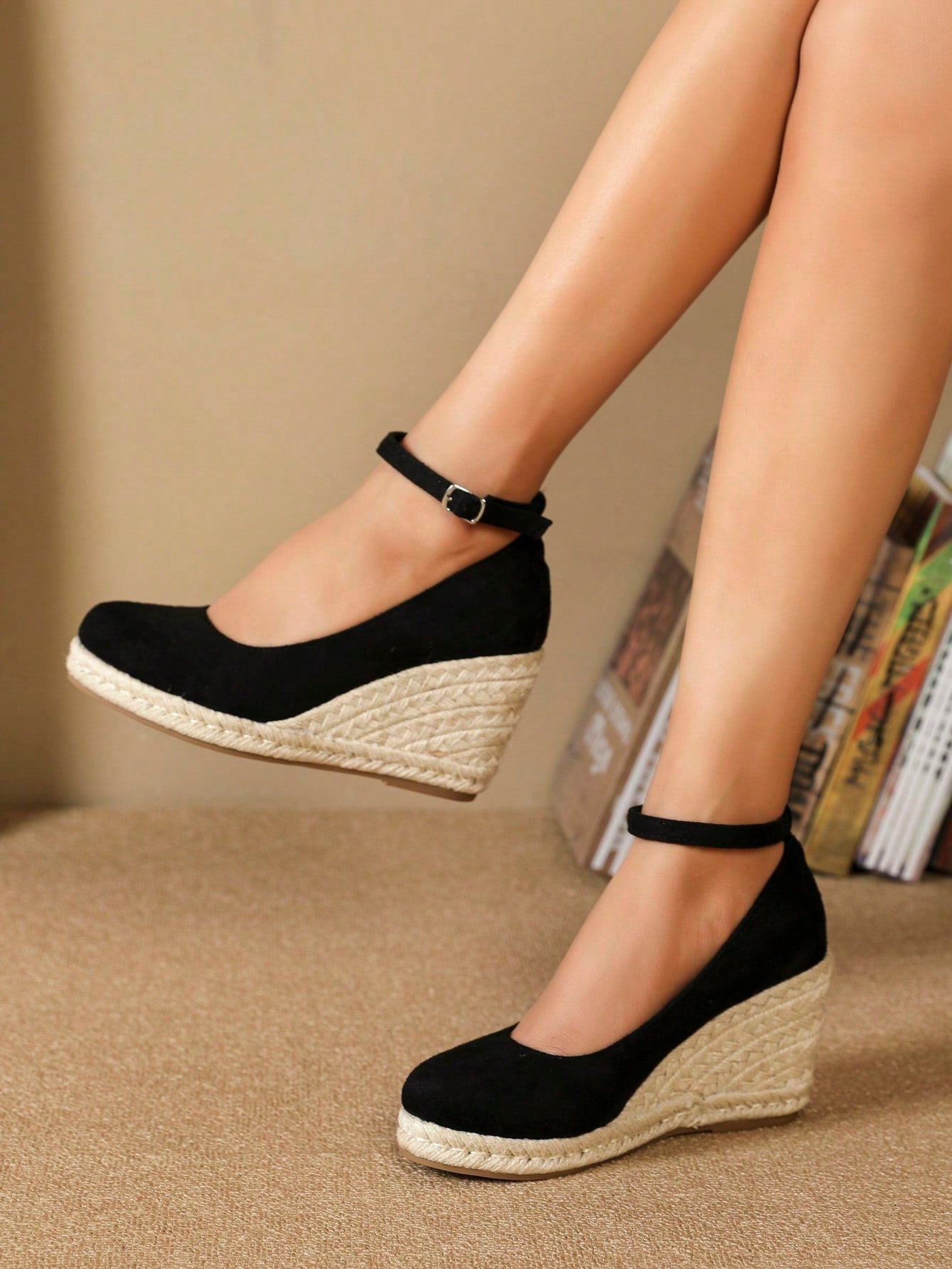 Women Minimalist Ankle Strap Espadrille Shoes, Vacation Faux Suede Court Wedges