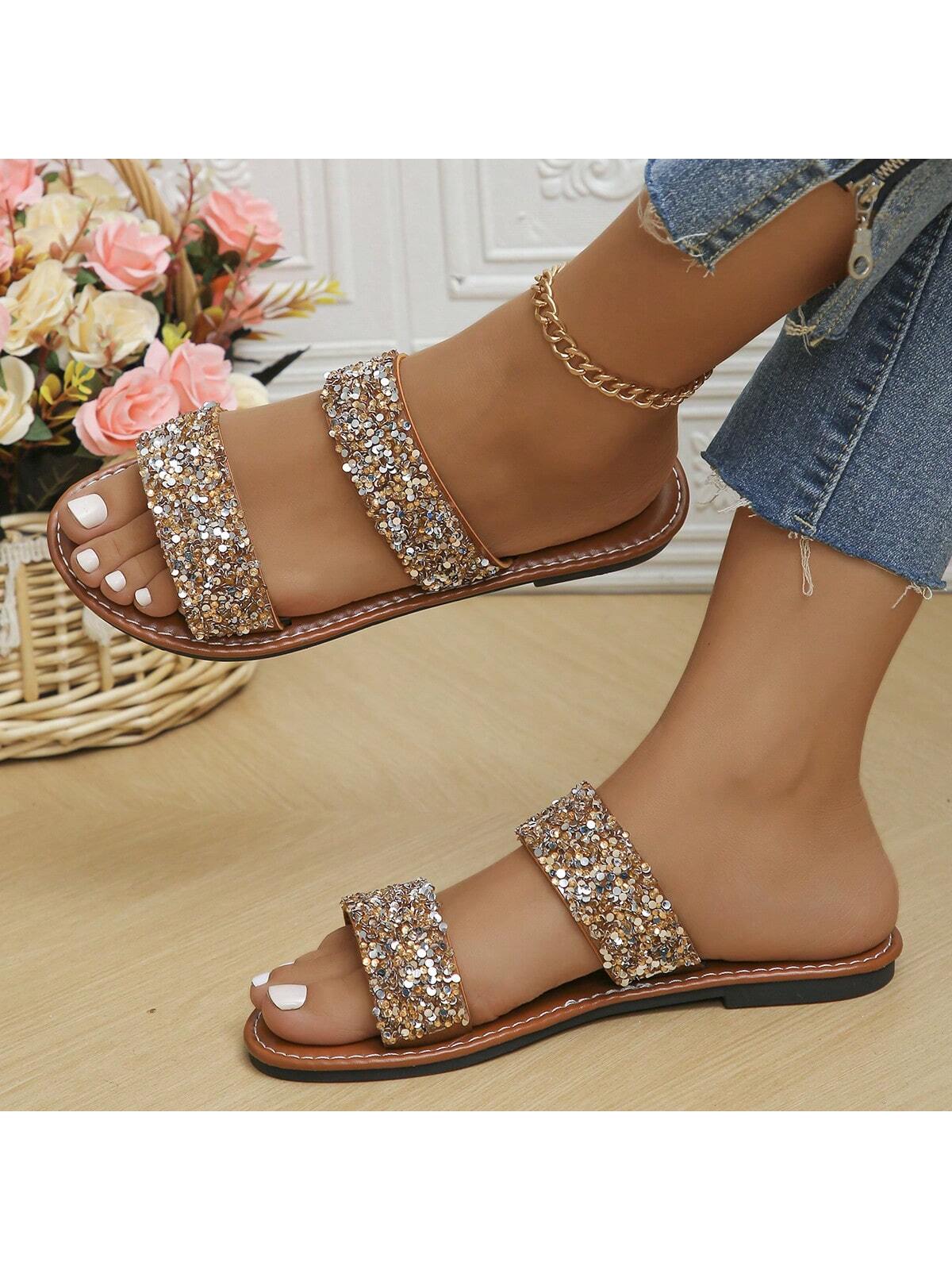 Women's Sparkling Glitter Decorated Slippers, Casual Flat Sandals For Summer Beach