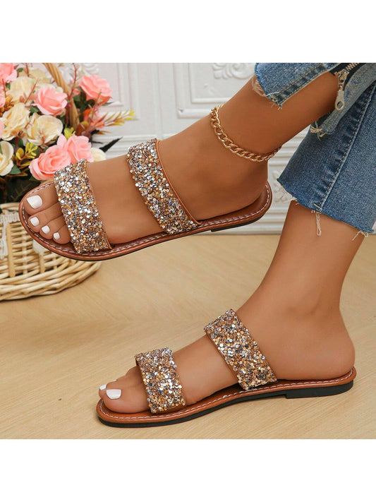 Women's Sparkling Glitter Decorated Slippers, Casual Flat Sandals For Summer Beach