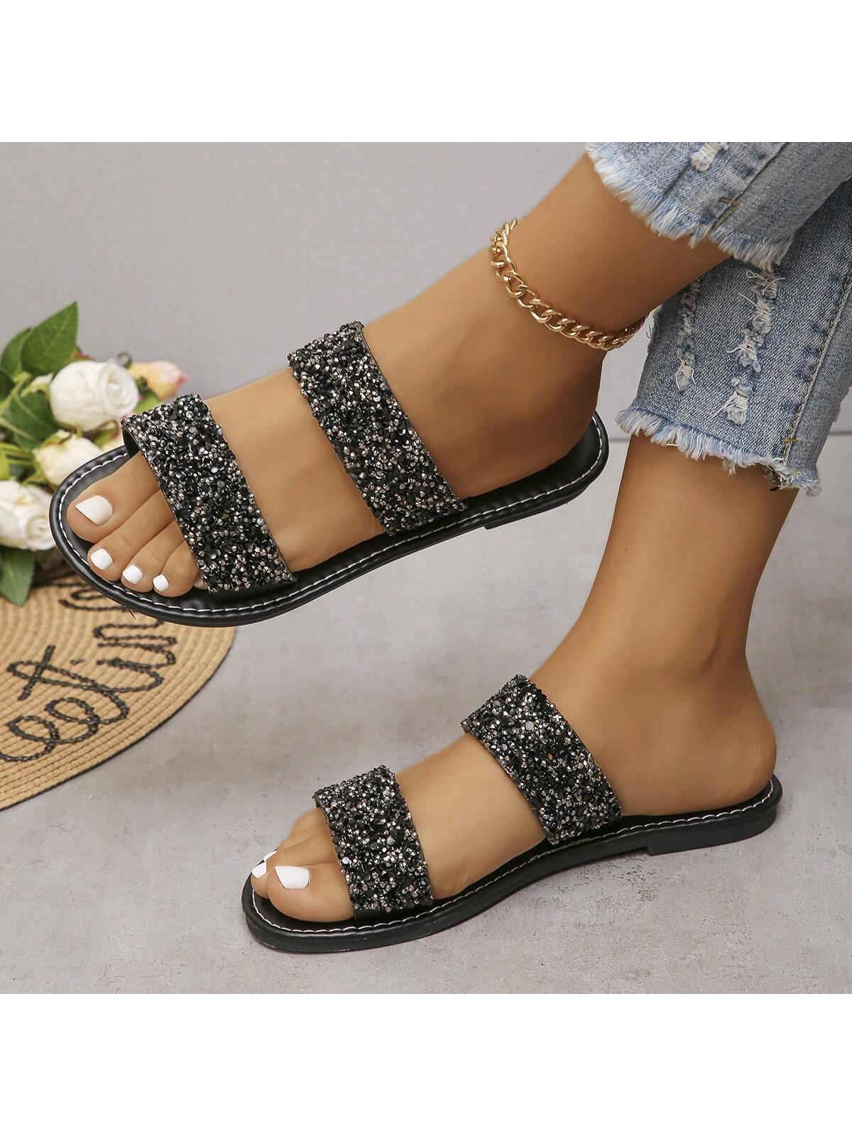 Women's Sparkling Glitter Decorated Slippers, Casual Flat Sandals For Summer Beach