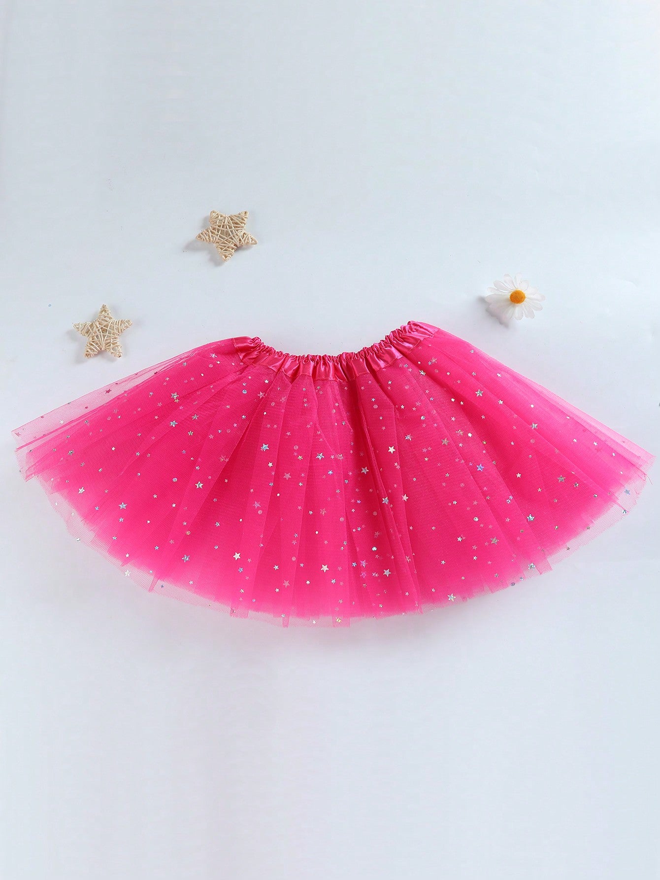 Young Girls' Mesh Tutu Skirt With Star And Moon Decor, Two Layers Of Solid Color Mesh Skirt Inside, Suitable For Stage Performance