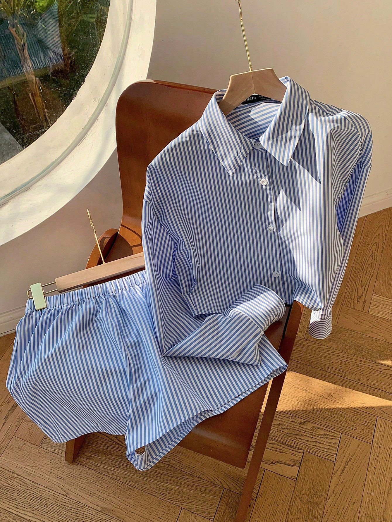 Women's Long Sleeve Stripe Shirt And Shorts Two Piece Set