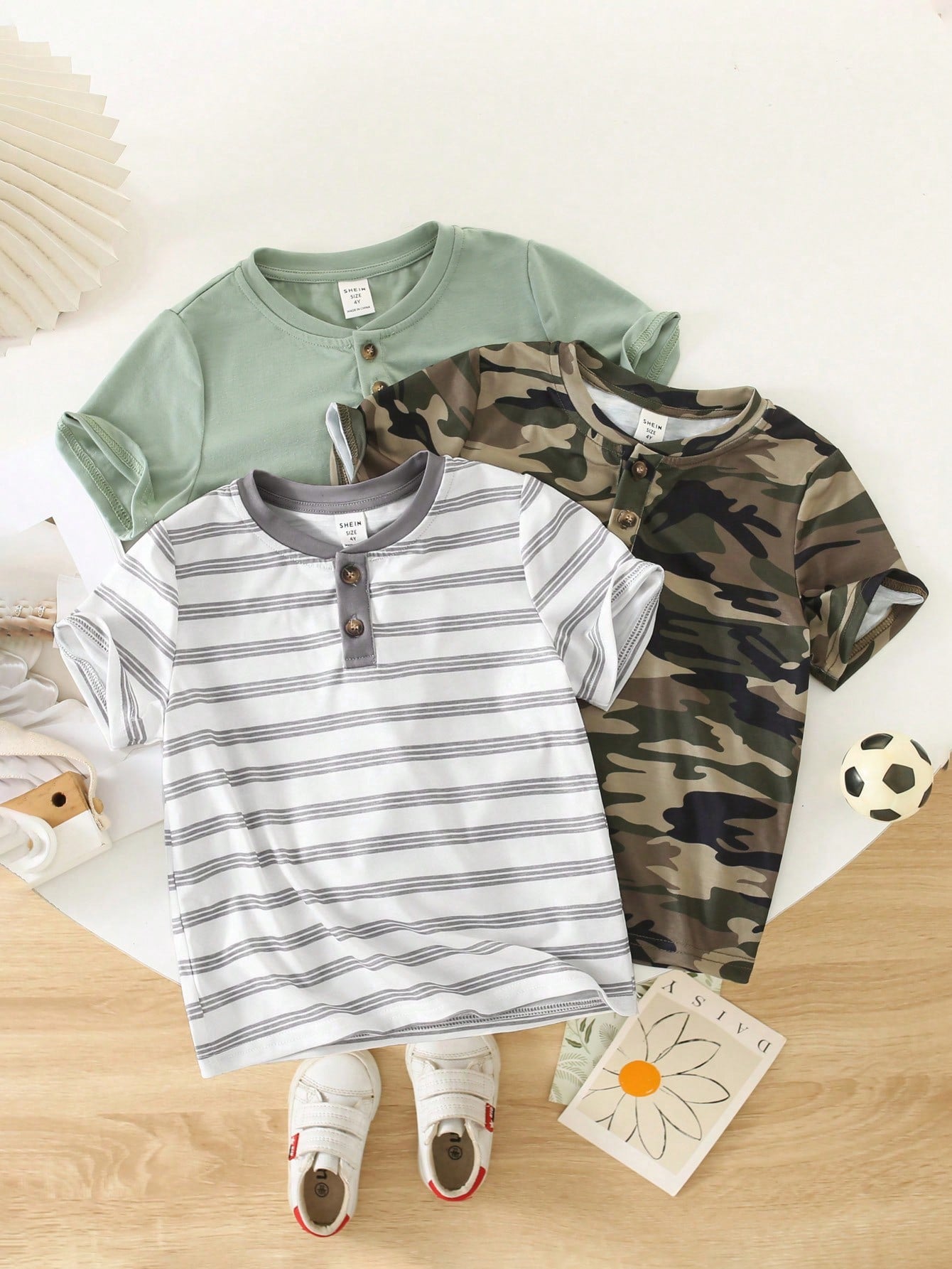 3pcs Young Boys' Casual Solid Color + Striped + Camouflage Pattern Round Neck Short Sleeve T-Shirt Set, Suitable For Spring And Summer