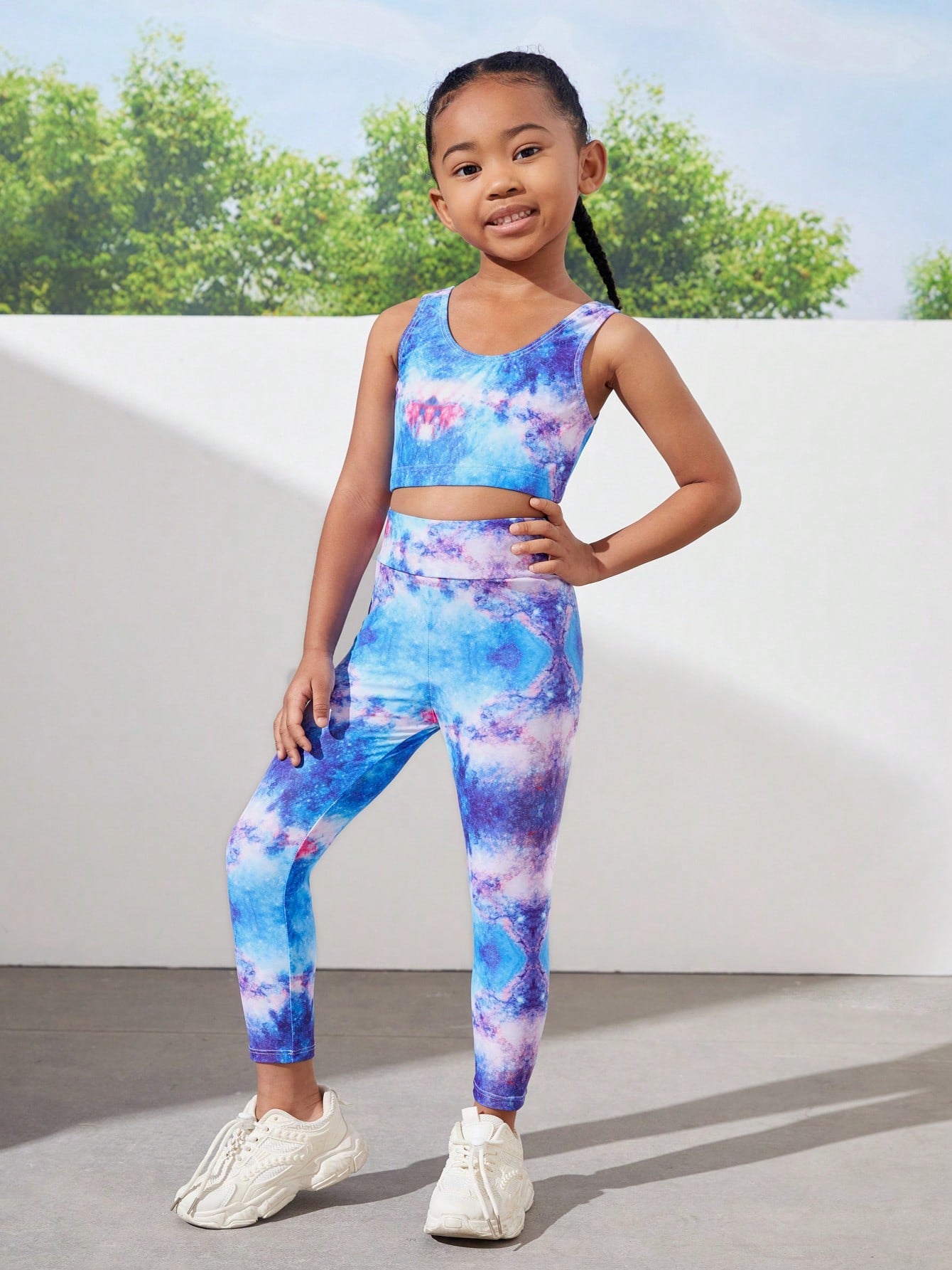 Little Girls' Colorful Psychedelic Printed Sportswear Set Designed For Yoga, Fitness, Running, Cycling, Breathable And Comfortable, Sleeveless Crop Top And Slim Fit Long Pants